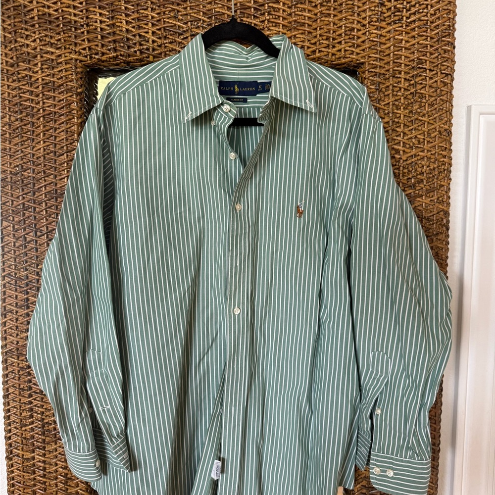 Ralph Lauren Green Stripe Men's Button-Down Shirt vintage